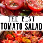 homemade fresh tomato salad in wooden salad bowl with text