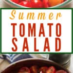 summer cherry tomato salad served in wooden salad bowl with text overlay