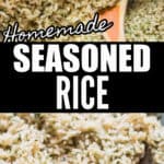 homemade seasoned rice cooked in pot with text