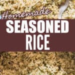 homemade seasoned rice cooked in pot with text