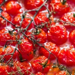 Roasted cherry tomatoes in baking tray