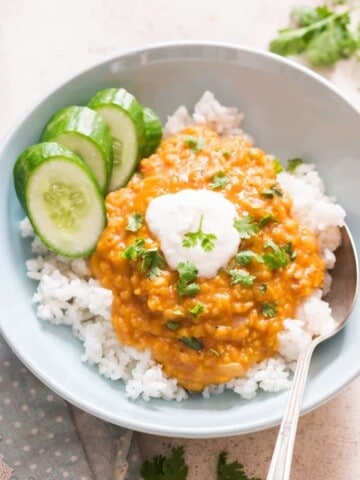 red lentil curry served over bowl of rice and garnish with cilantro