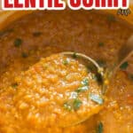 one pot coconut red lentil curry cooked in pot with text overlay