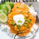 red lentil curry served over bowl of rice and garnish with cilantro with text overlay