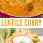 red lentil curry served over bowl of rice and garnish with cilantro with text