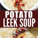 easy no cream added potato leek soup loaded with bacon bits in ceramic bowl with text