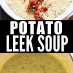 easy no cream added potato leek soup loaded with bacon bits in ceramic bowl with text
