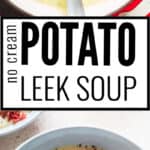 leek and potato soup served in ceramic soup bowl with bacon with text overlay