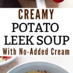 leek and potato soup served in ceramic soup bowl with bacon with text overlay