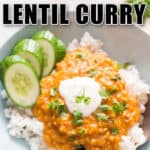 one pot coconut red lentil curry served over rice in bowl with text overlay