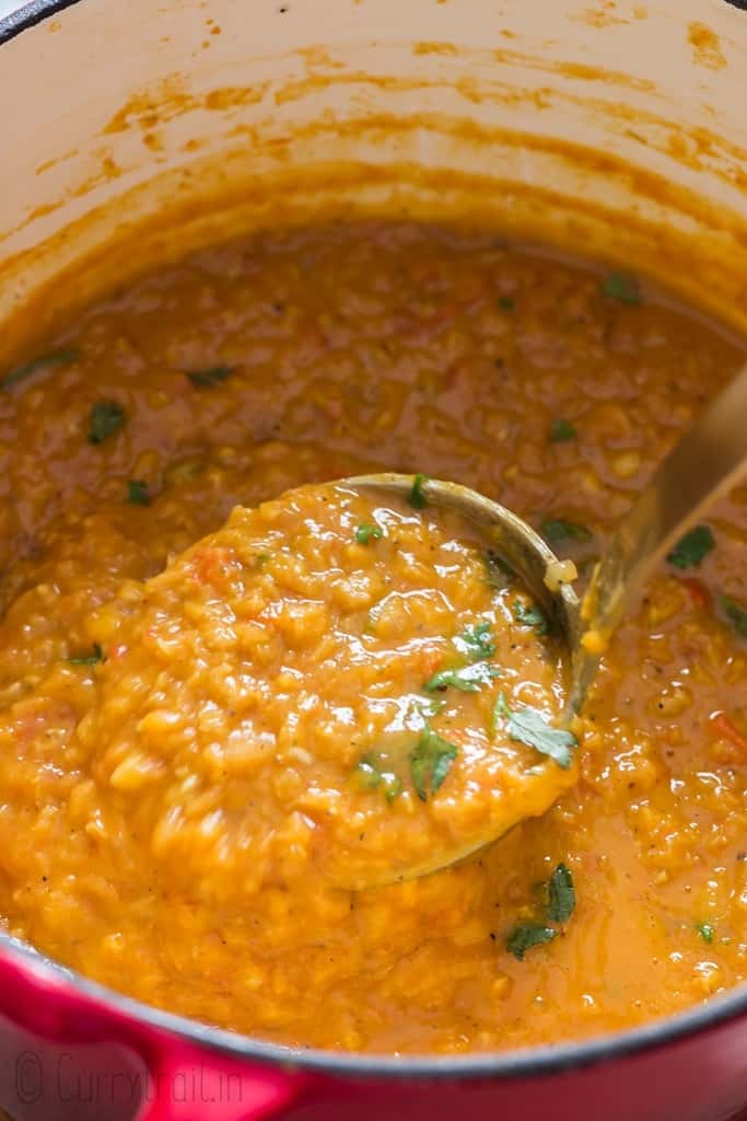 red lentil curry cooked in pot