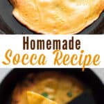 one ingredients socca flatbread cooked in cast iron skillet with text