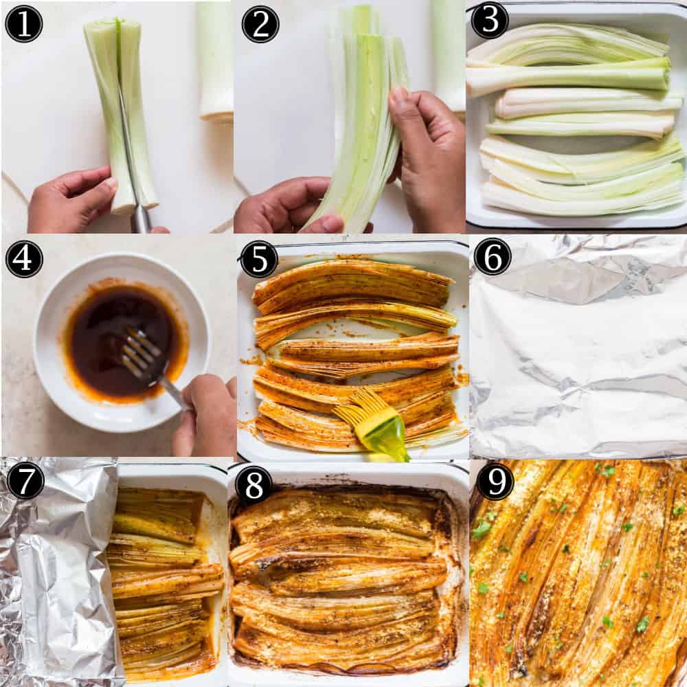 Step by step picture of roasted leeks