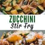healthy Asian zucchini stir fry served over rice with text