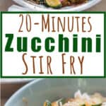 healthy Asian zucchini stir fry served over rice with text