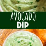creamy avocado dip in ceramic bowl served with nachos with text