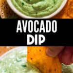 creamy avocado dip in ceramic bowl served with nachos with text