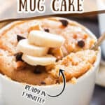 easy banana mug cake in mug made in microwave with banana slices with text