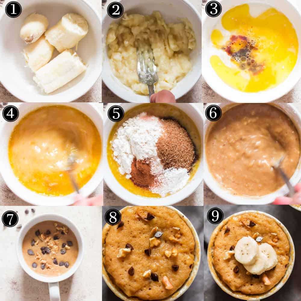 step by step pictorial collage of banana mug cake