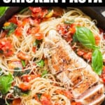 bruschetta chicken pasta cooked in cast iron pan with text