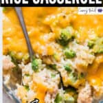 broccoli rice casserole with chicken and cheese in casserole dish with text overlay