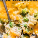 chicken and broccoli rice casserole with text overlay