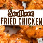 Fried chicken with lemon wedges in plate with text