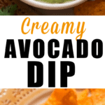 creamy 5 minutes avocado dip served with nachos with text overlay