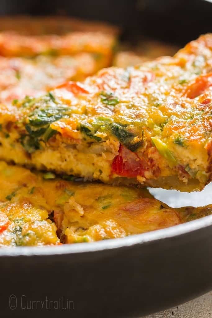 slices of egg frittata baked in cast iron pan