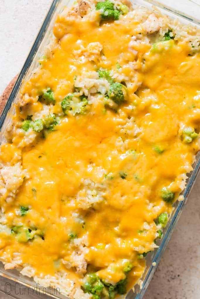 baked cheesy chicken broccoli rice casserole fresh out of oven