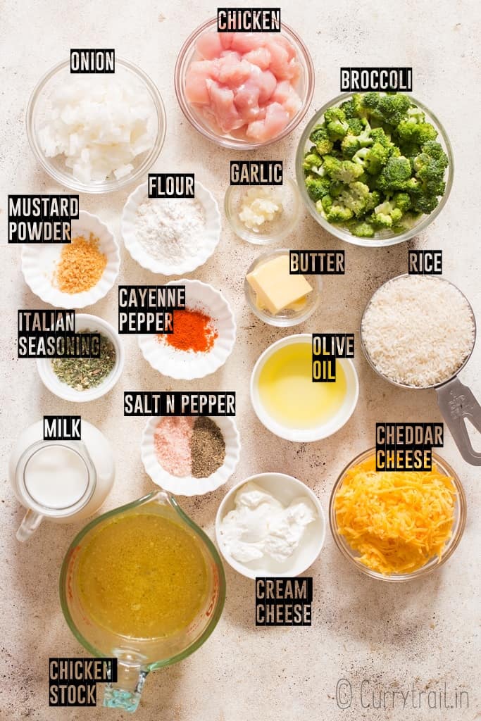 ingredients for broccoli rice casserole spread out on board