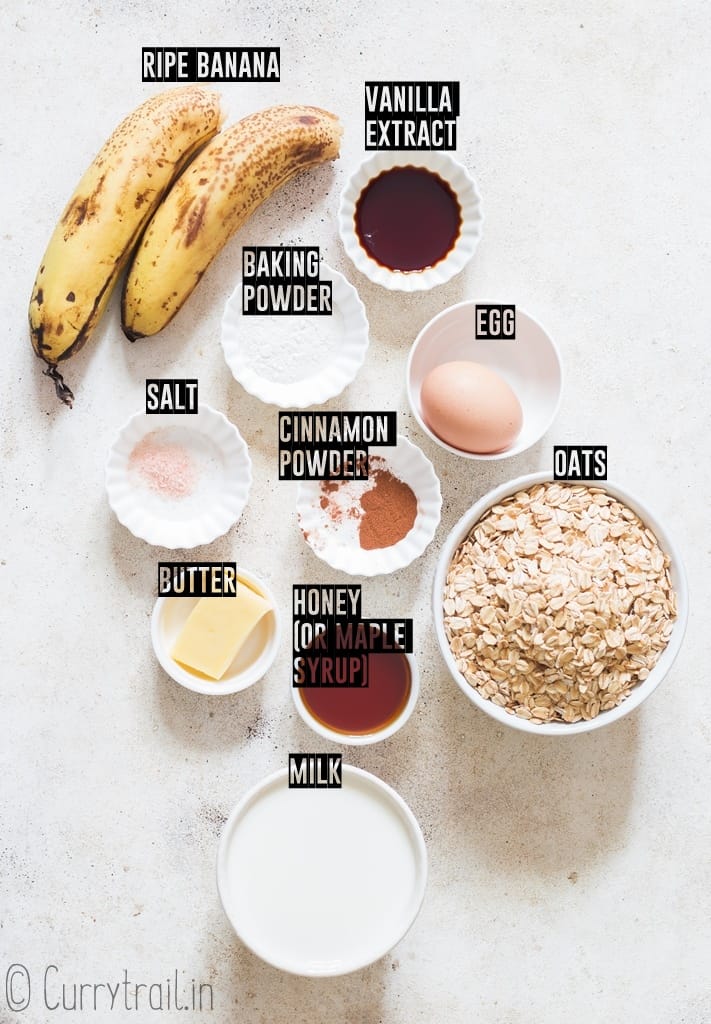 all ingredients for banana oatmeal pancake recipe