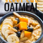 instant pot steel cut oats served with fruits and berries in ceramic bowls with text