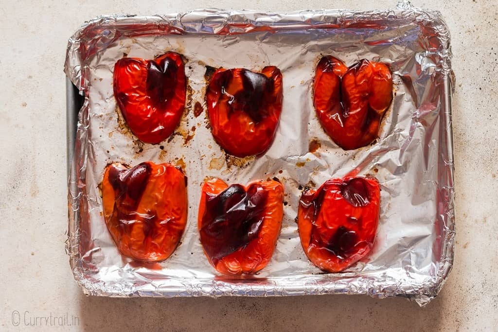 homemade oven roasted red peppers for making red pepper hummus