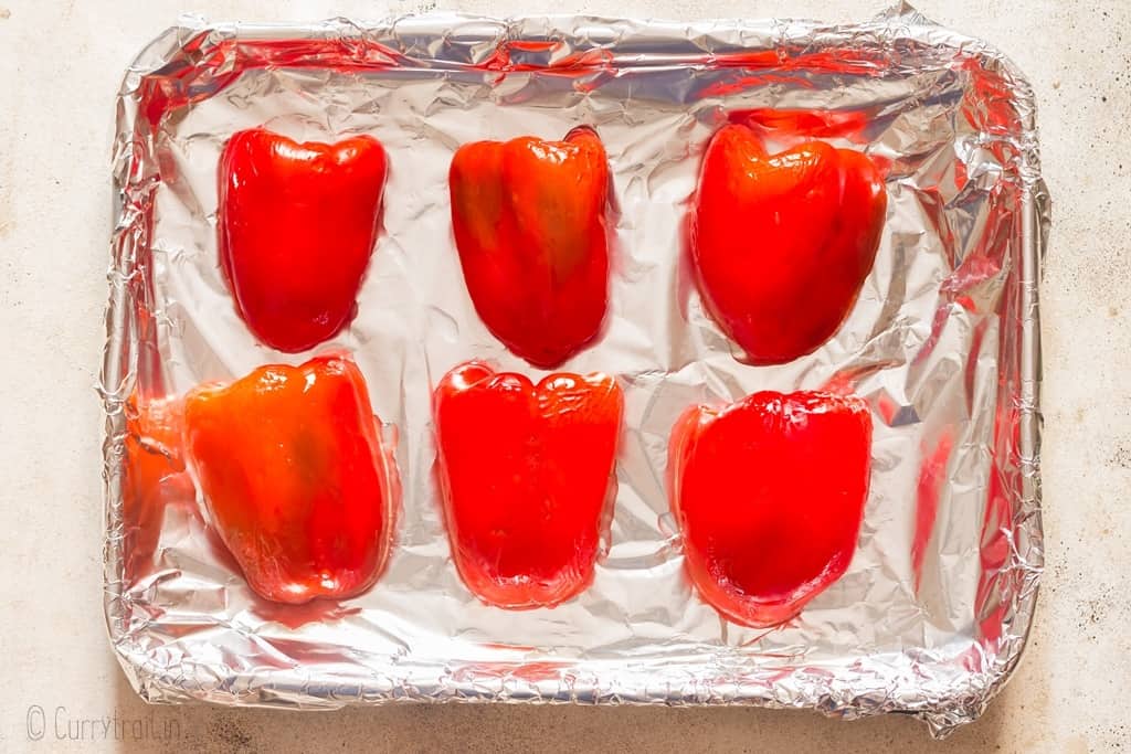 homemade oven roasted red peppers for making red pepper hummus