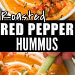 roasted red pepper hummus in ceramic bowl with text