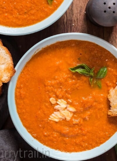 roasted tomato basil soup in bowl