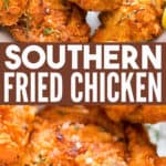 southern fried chicken in a plate with text