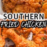 Ultra crispy southern fried chicken with text overlay