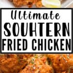 Southern fried chicken served in plate served with lemon wedges with text