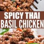 spicy Thai basil chicken cooked in skillet served over rice with text