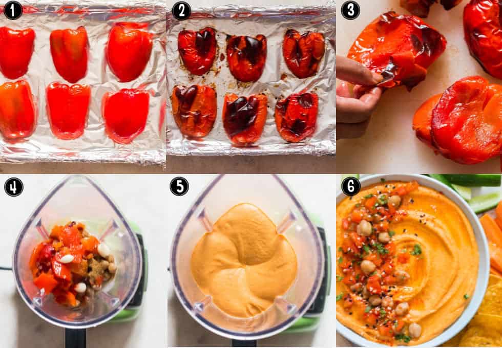 step by step pictorial instructions for roasted red pepper hummus