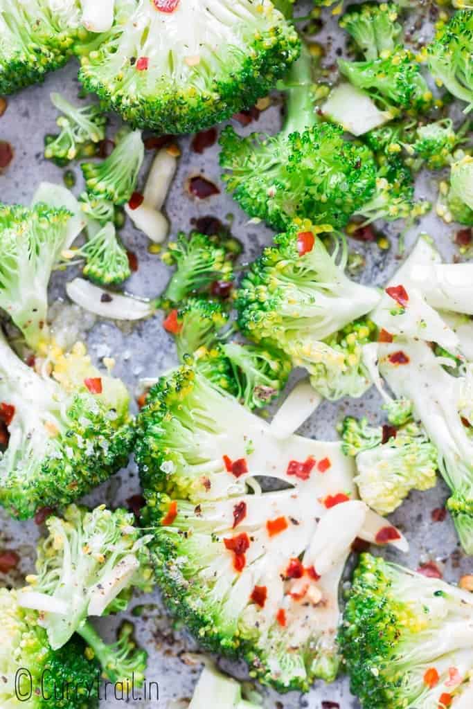 broccoli before roasting in oven with chili garlic and Parmesan