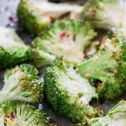 spicy broccoli roasted in oven with garlic Parmesan