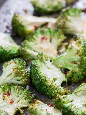 spicy broccoli roasted in oven with garlic Parmesan