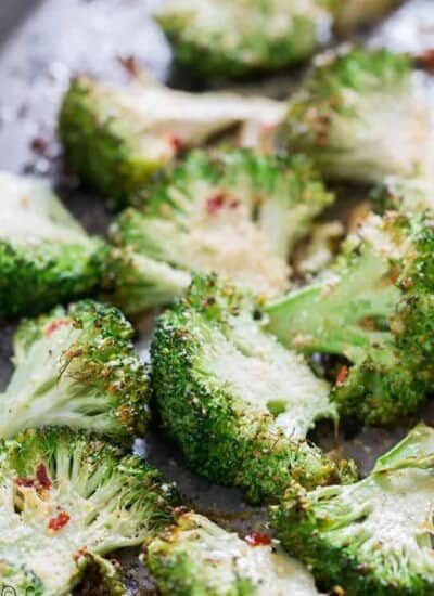 spicy broccoli roasted in oven with garlic Parmesan
