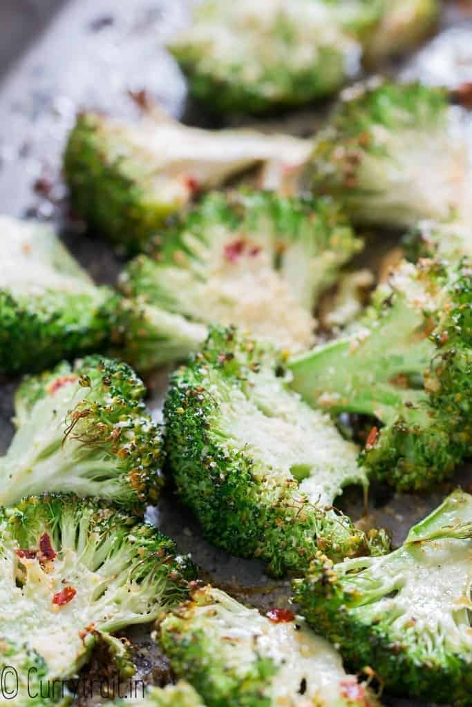 spicy broccoli roasted in oven with garlic Parmesan