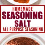 DIY homemade seasoning salt stored in glass jar with text