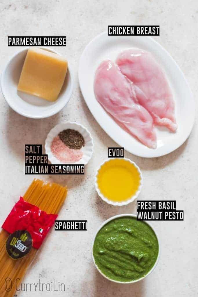 all ingredients for pesto chicken pasta recipe