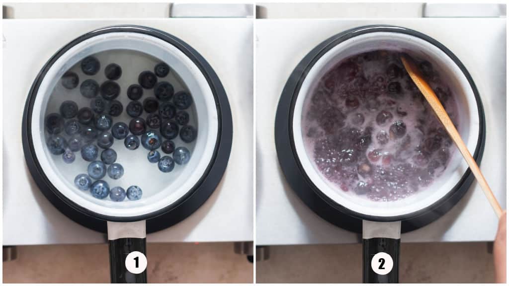 picture a collage of making blueberry simple syrup in a saucepan.